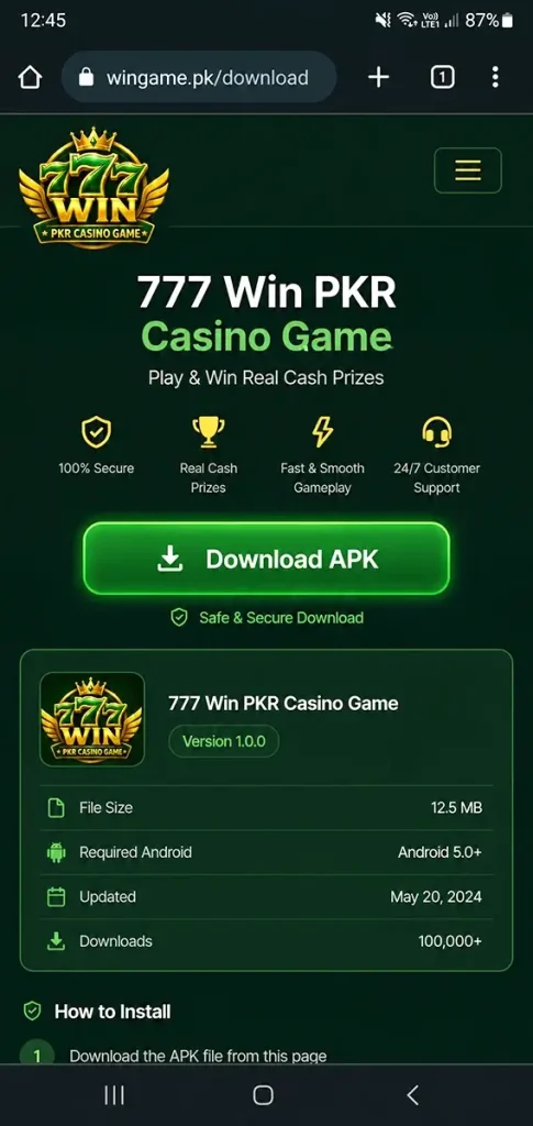 777 Win PKR Casino Game 2026 Download APK | Safety Guide 777 Win PKR APK download interface on Android phone showing login screen