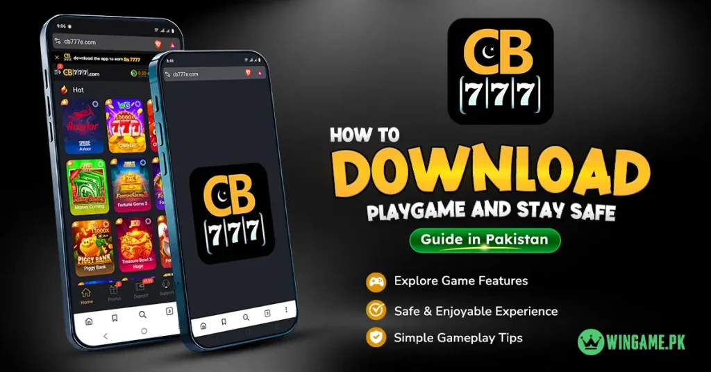 CB777 Game download guide in Pakistan showing mobile app screens and official CB777 logo.