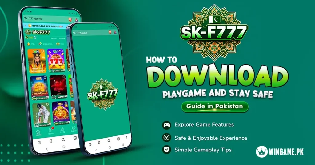 F777 Game download guide showing the mobile app interface and APK download information for Pakistani users.