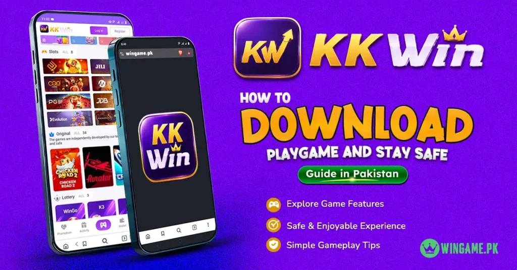 KK Win Game APK download guide displayed on mobile screens with official logo and purple gaming background.