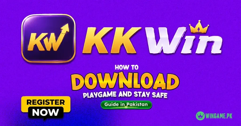 KK Win Game download and registration banner with official logo and Pakistan guide on a purple background.