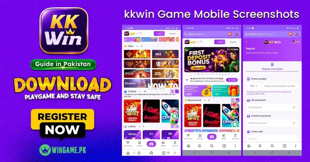 KK Win Game mobile screenshots showing login, registration, and gaming dashboard on Android devices.