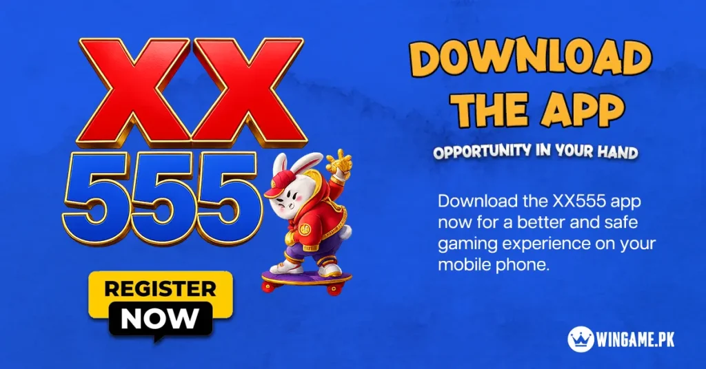 XX555 Game app download banner with logo and mobile gaming platform promotion.